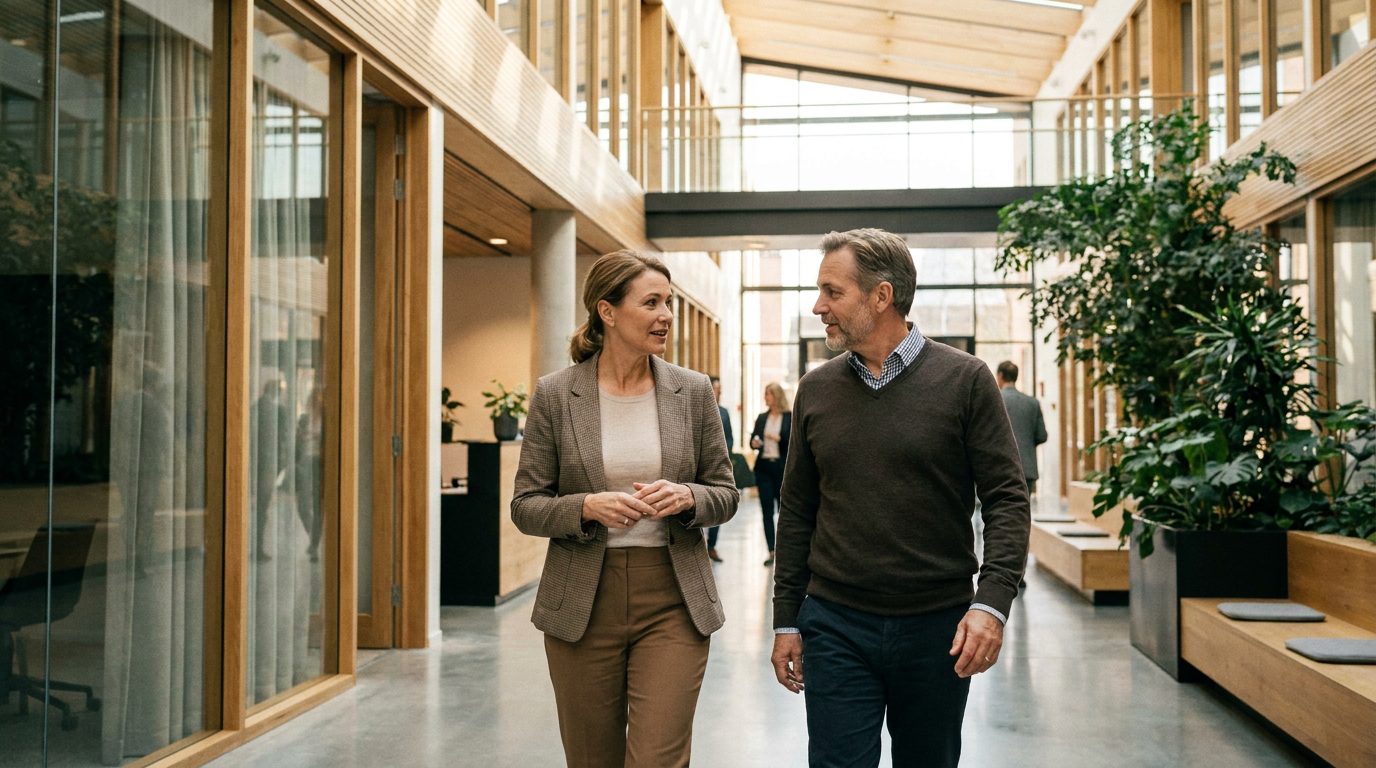 Business leadership walking through a commercial building