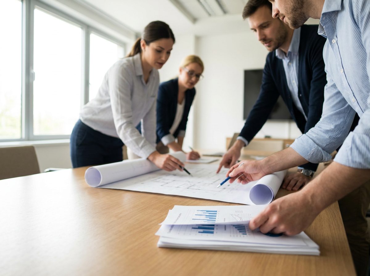 A management team reviewing a site plan