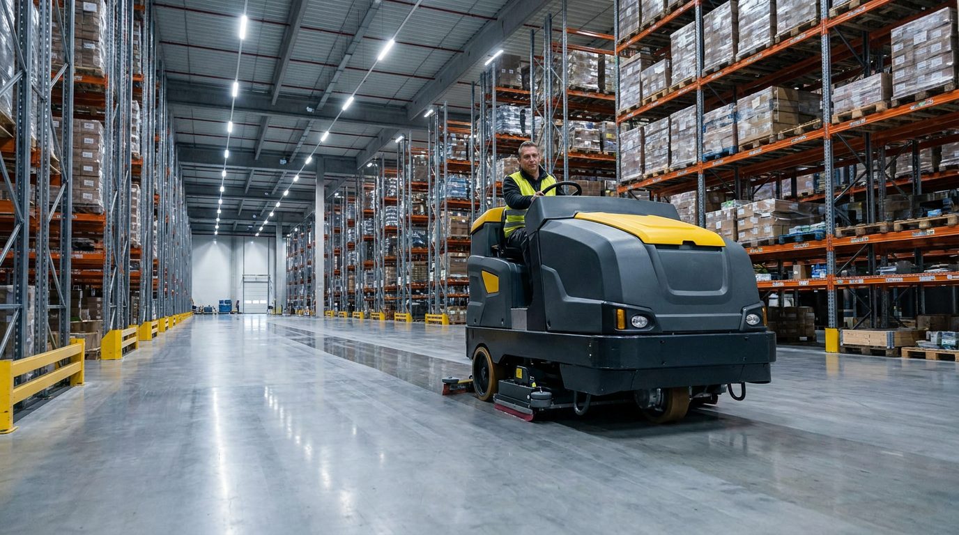 A ride-on scrubber-drier cleaning a warehouse floor