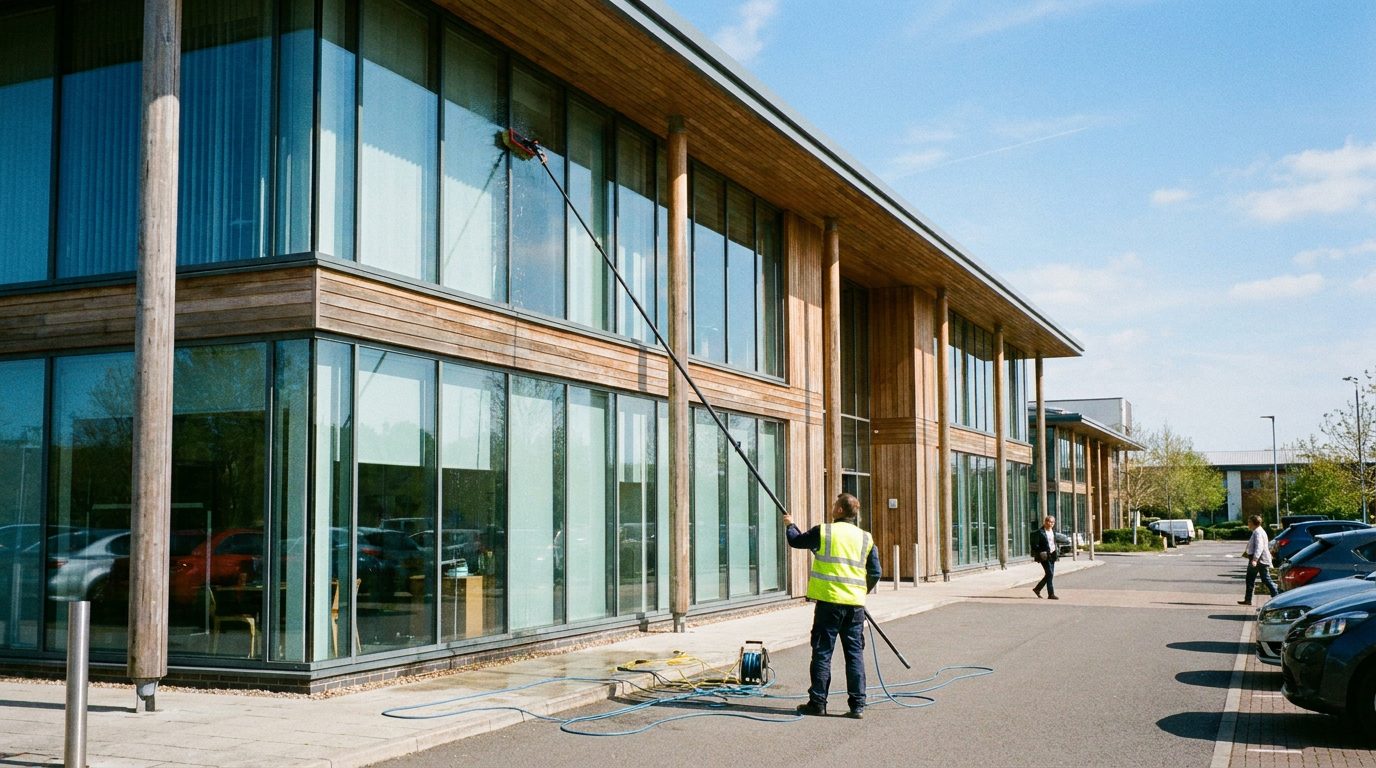 Reach-and-wash window cleaning on a commercial building