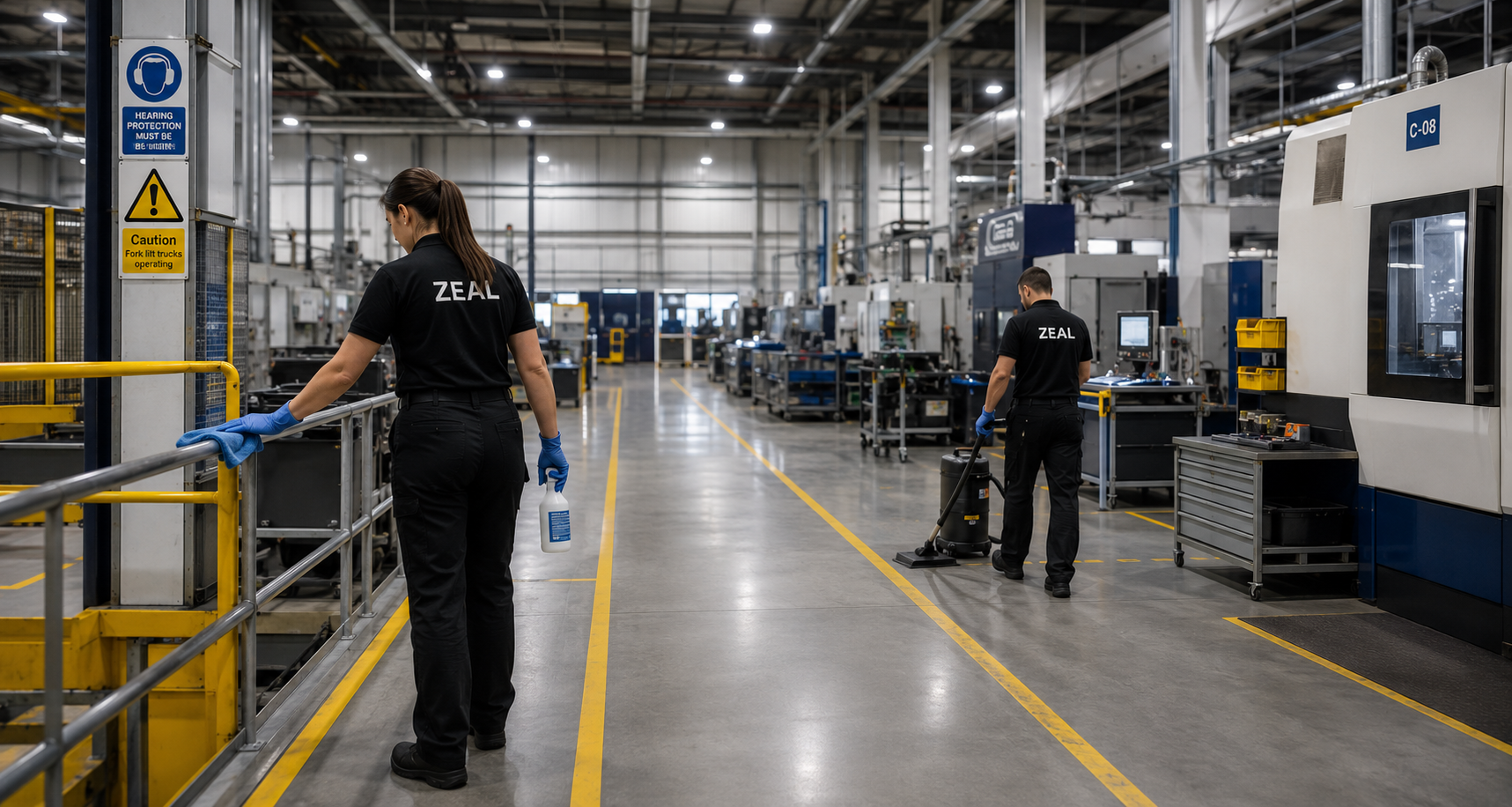 Zeal FM operatives cleaning a manufacturing production floor