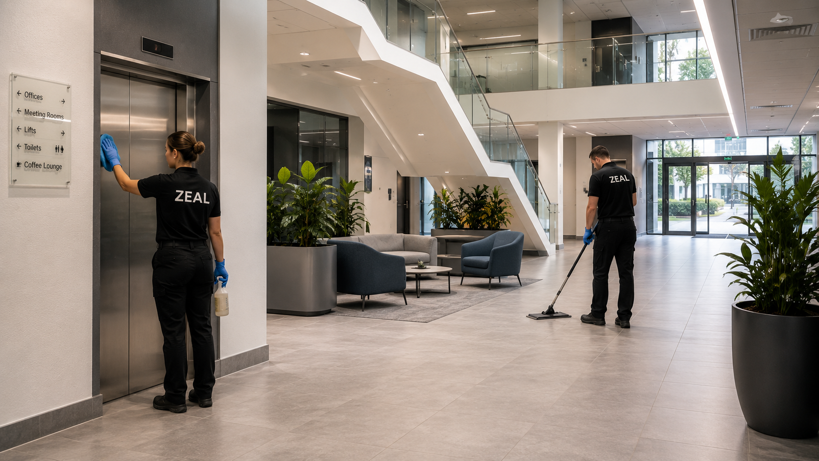 Zeal FM operatives cleaning a commercial property reception and communal areas