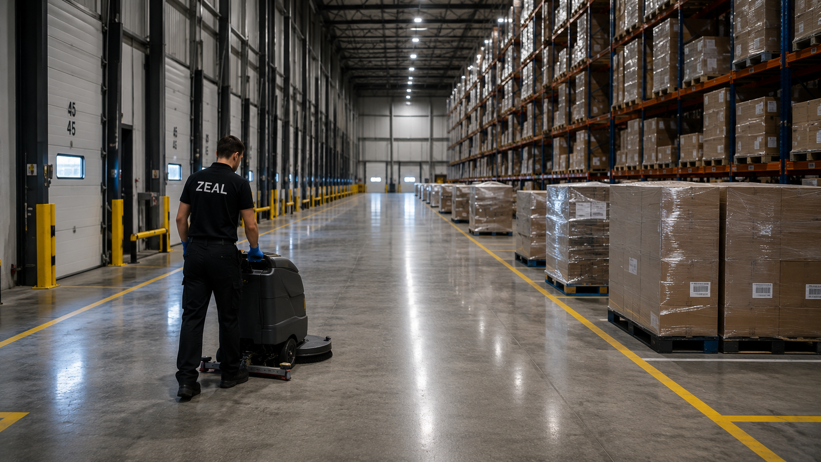 Zeal FM operative machine-cleaning a warehouse floor